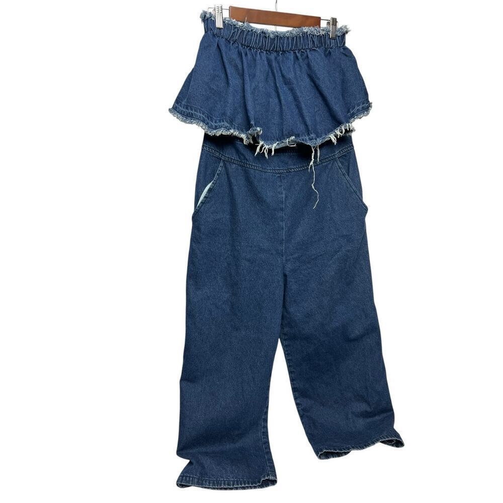 Anthropologie Hei Hei Jumpsuit Size Large Denim wide leg Blue Boho Festival